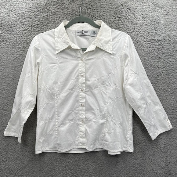 Once Again Tops - Cottagecore‎ Embroidered Button Down Top Floral White PM Y2K Indie Momcore Cute